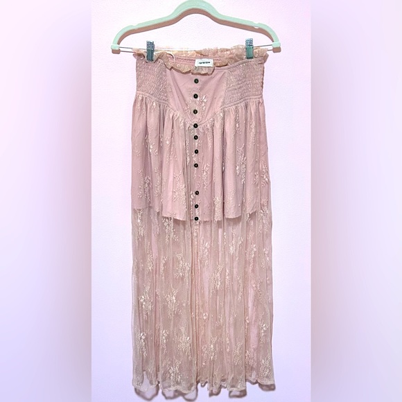 005. Floral Lace Smocked Waist Maxi Skirt Dusty Pink - Picture 1 of 3
